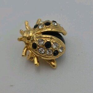 Vintage Ladybug Brooch Pin Gold Tone Black Colorless Rhinestones Beetle Bug Cute